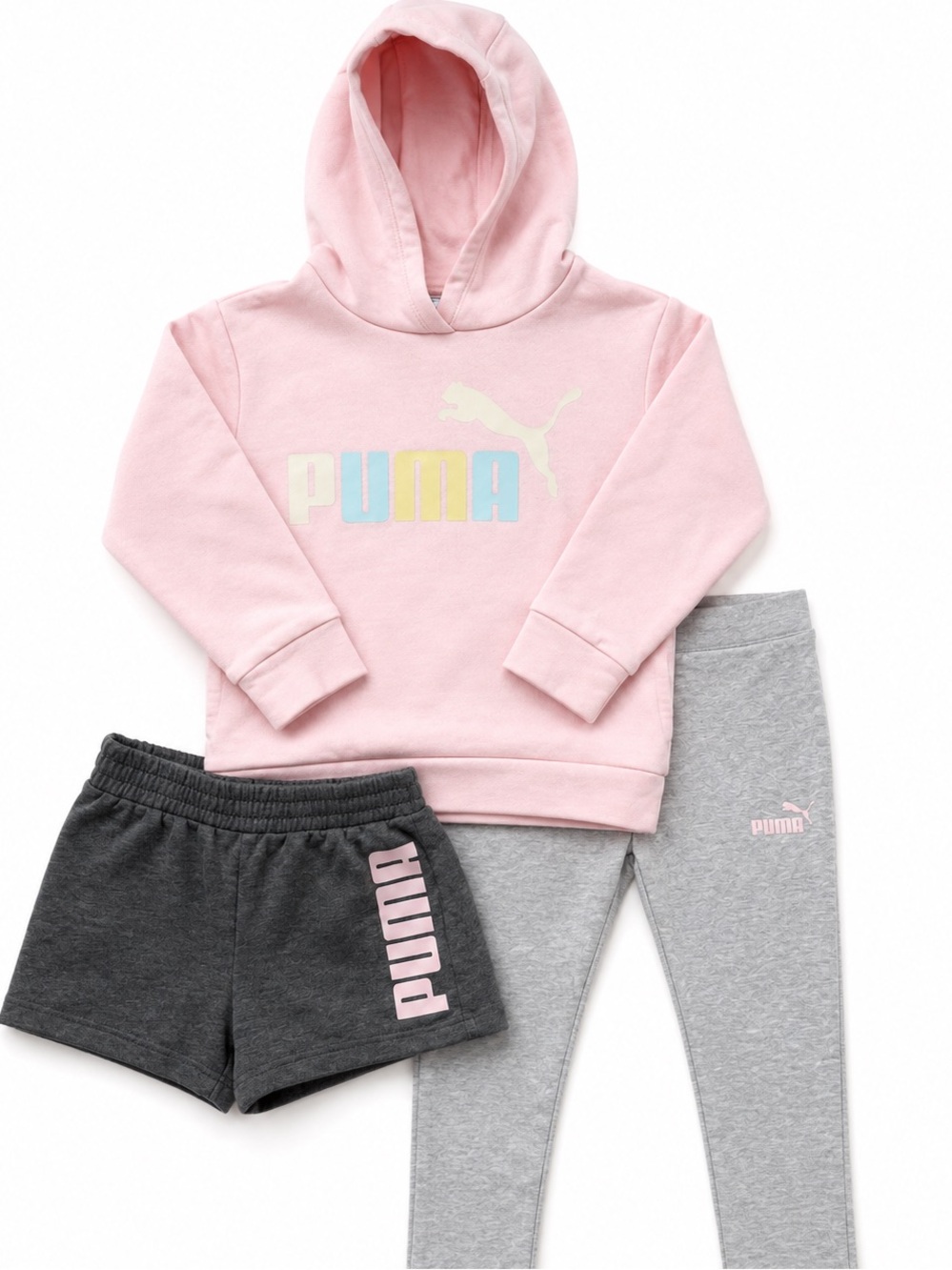 Puma Girls 3 Piece Outfit Set Pink Hoodie Leggings Shorts Puma Size Small 7/8